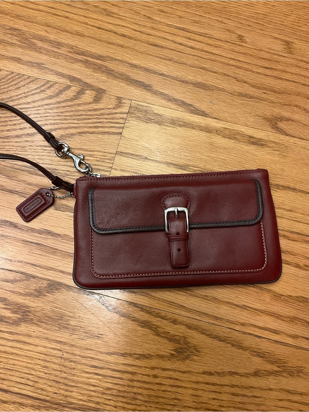 Coach Burgundy Leather Wristlet with Buckle Accent